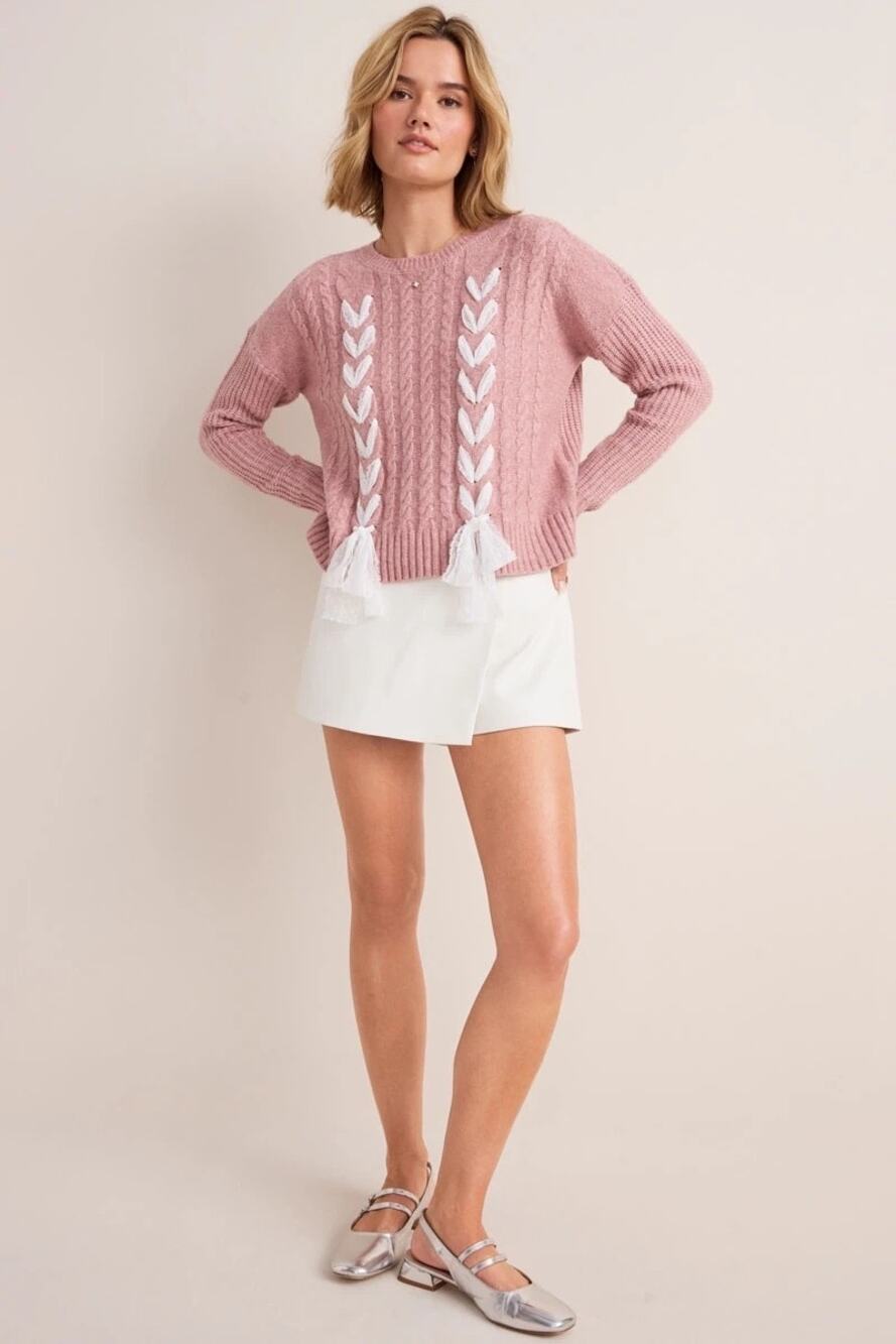 Francesca’s Helena Lace Up Cable Knit Sweater Pink Rose Bow NWT Medium